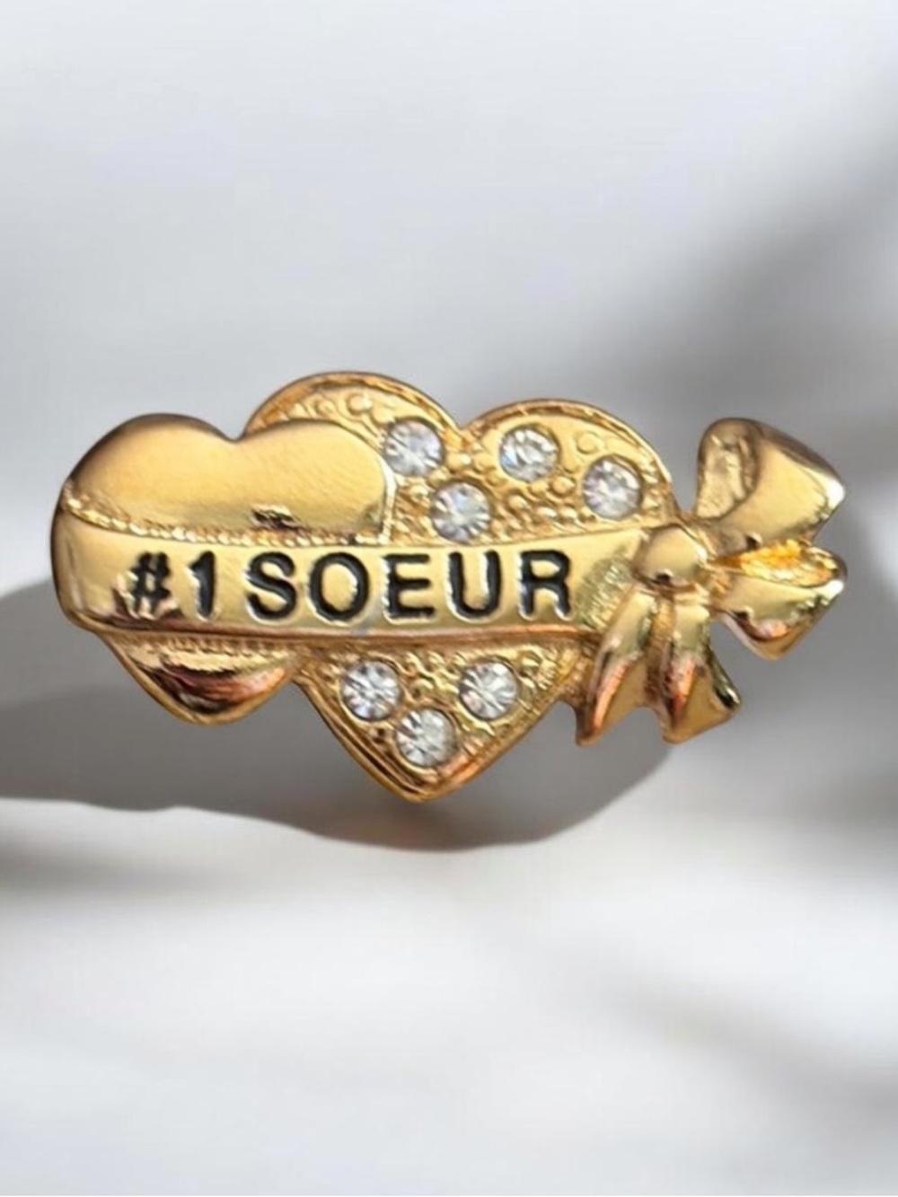Vintage Avon #1 Soeur Heart Ribbon Brooch Gold Tone Rhinestone Gift NIB